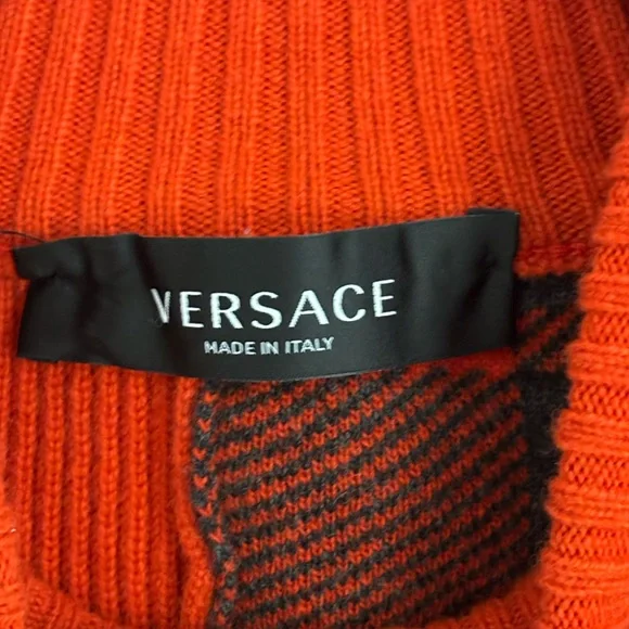 VERSACE Red Fringe Patchwork Wool Sweater With Saferty Pin Embellishment Size XS